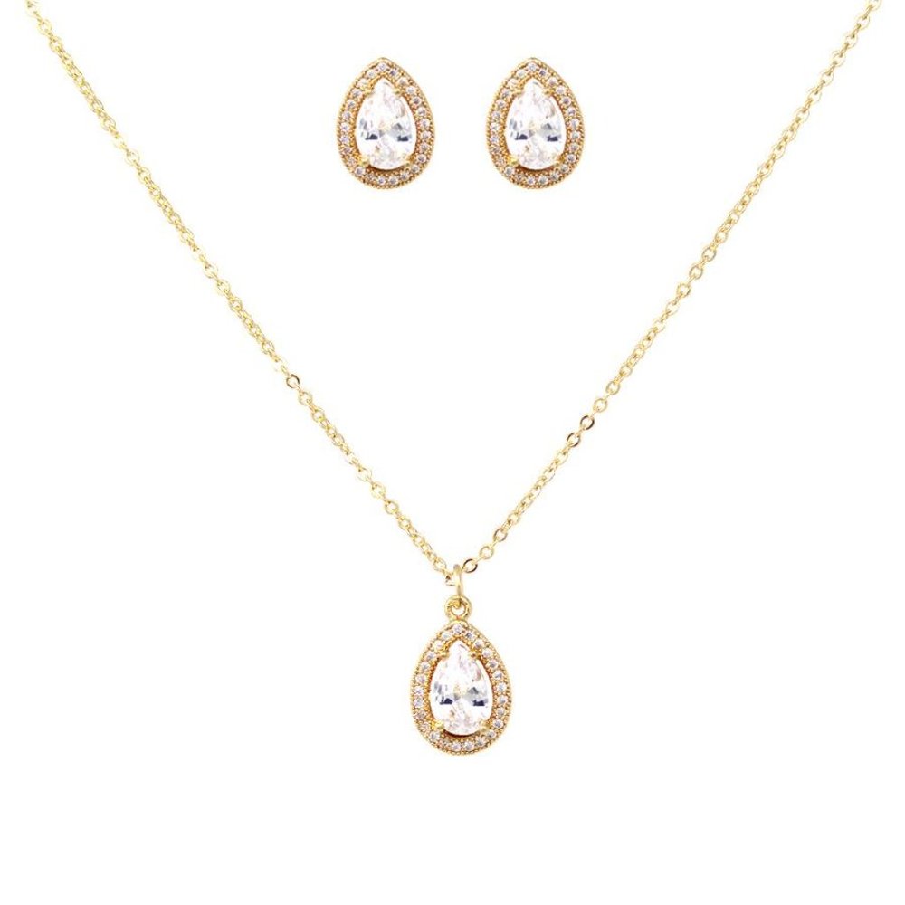 CZ Gold Pave Teardrop Necklace Earring Set